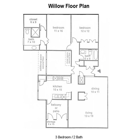 A Willow Floor Plan with dimensions for each room.
